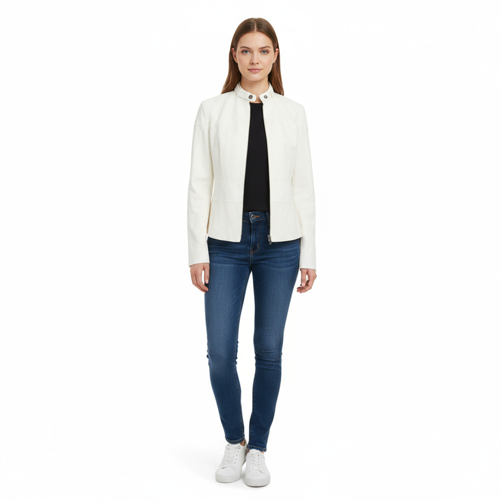 Ellen Tracy Womens 6 Jacket White Moto Style Full Zip Textured Modern Chic